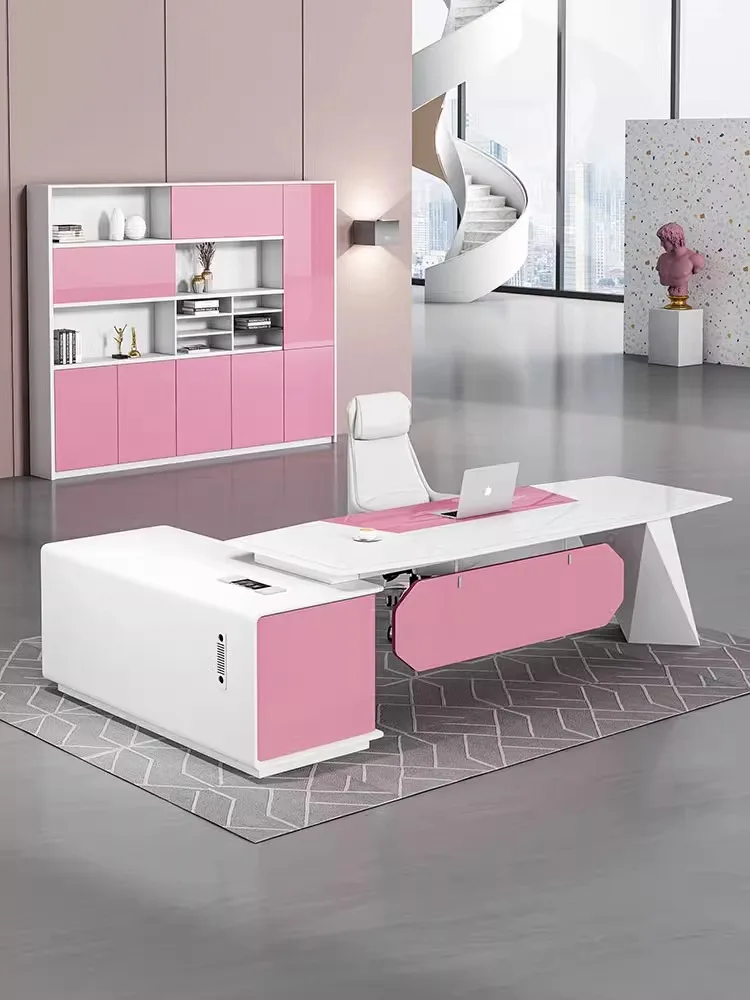 high-end large platform, fashionable painted  office desk, modern and minimalist combination of boss's desk, chair, and cabinet