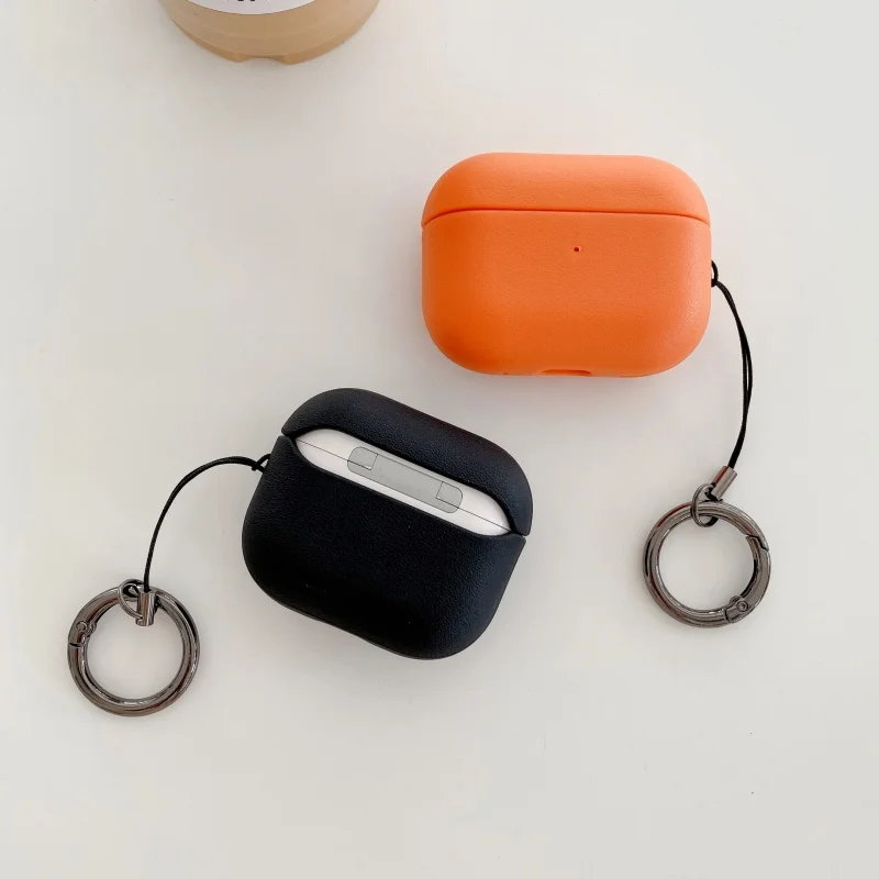 Custodia Per Auricolari In Silicone Con Motivo In Pelle Arancione Nera Con Anello Per Airpods 1, 2, Pro, Pro2, Pro3, 3, 4, Antiurto-image