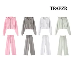 TRAF ZR set da 2 pezzi tuta sportiva da donna in cotone tuta con cappuccio a maniche lunghe + pantaloni larghi con coulisse elastica