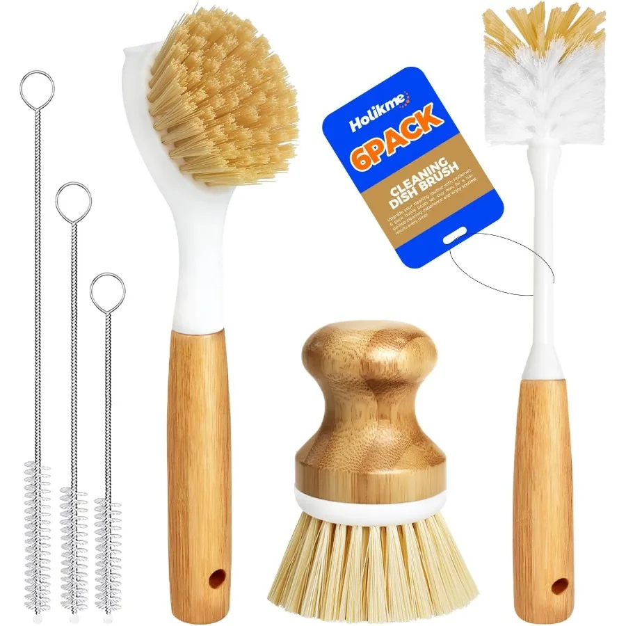 

6 Pack Dish Brush Kitchen Brushes Set with Vegetable Palm Brush Bottle Brush Dish Brush and Straw Brush Fruit Cleaning Brushes
