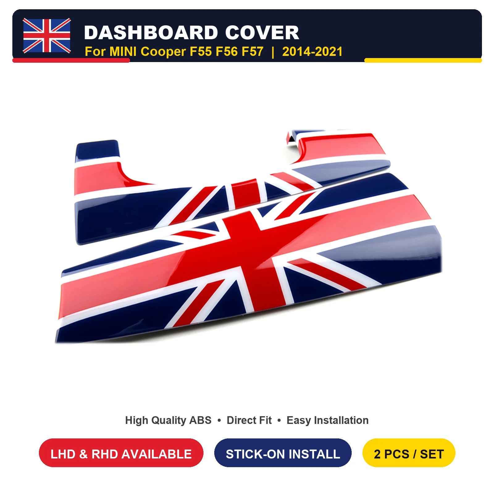 For MINI Cooper F56 F55 F57 Dashboard Trim Panel Cover Union Jack Chequered JCW Style PC Stick-on 2 Pcs 2014-2021 LHD RHD