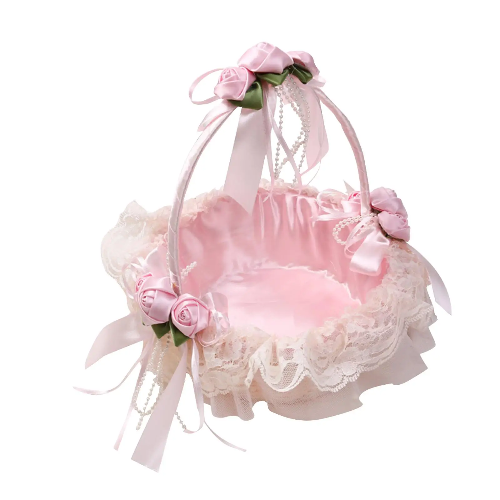 Lace Bow Flower Girl Basket Decorations Handbasket Satin Ribbons Basket for Ornaments Engagement Party Supplies Ceremony Banquet