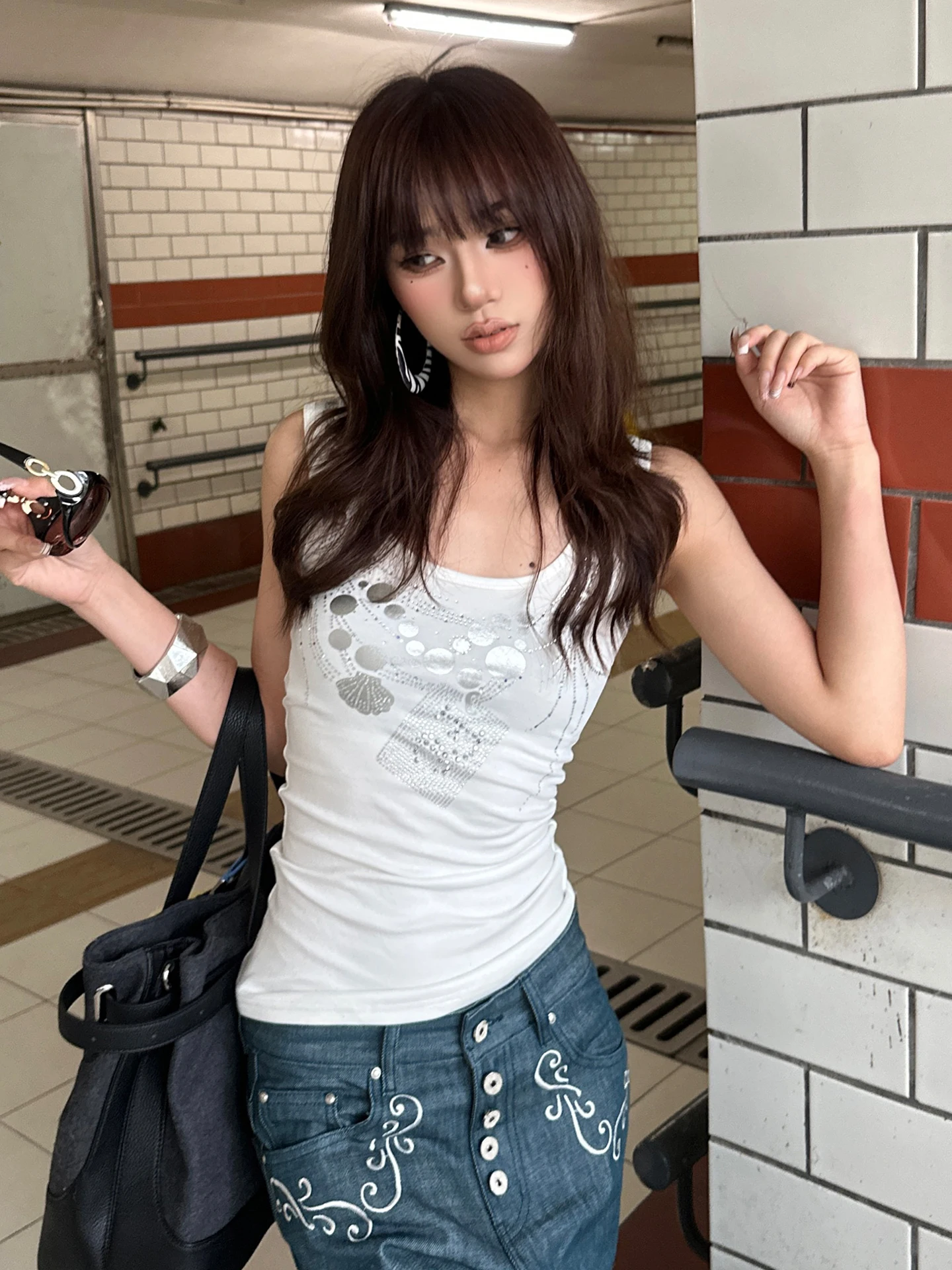 Faychui Silver Embossed Slim Fit Vest with Bead Chain Print Sexy Trendy Short Cotton U-Neck Elastic Women's Tank Top