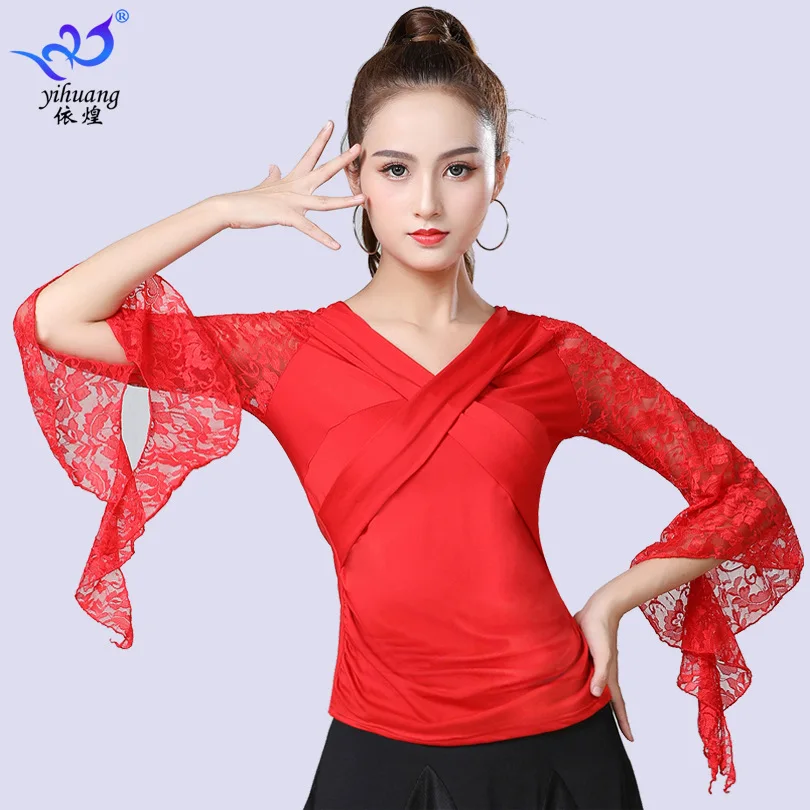 1 pz/lotto donna ballroom dancing top lady lace sleeve waltz camicetta da ballo latino