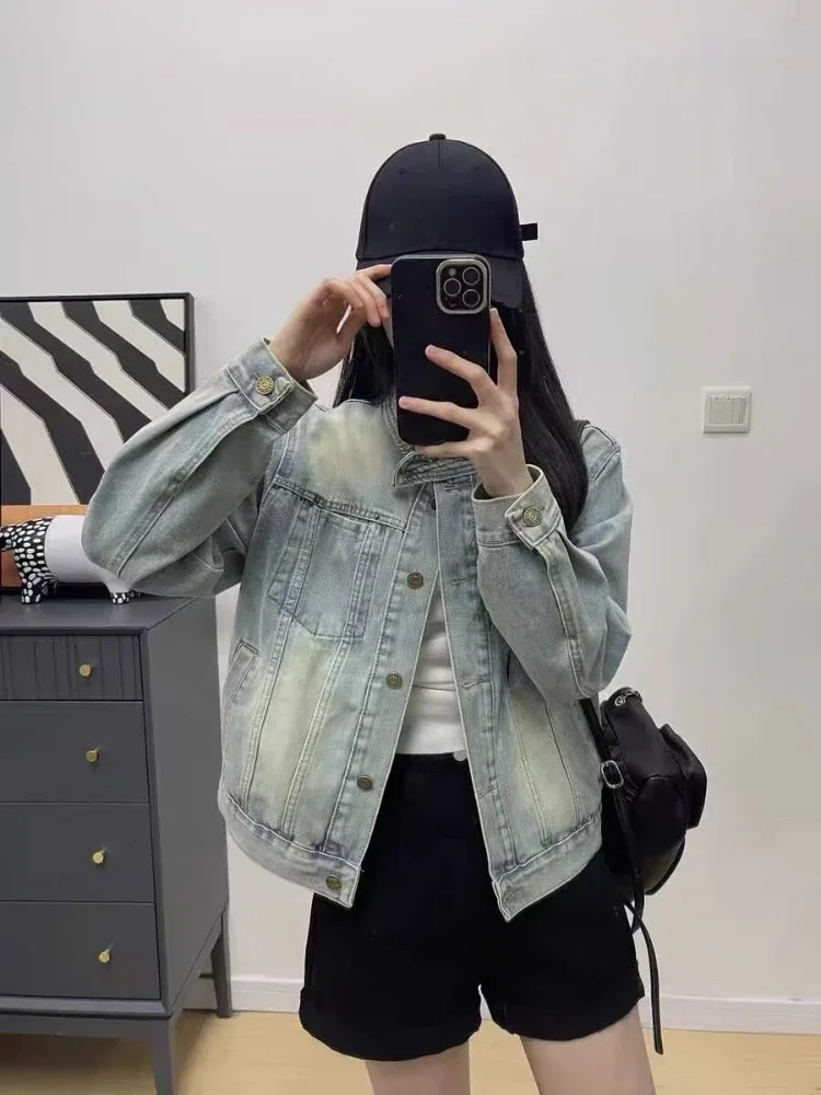 

Винтажная женская голубая джинсовая куртка в американском мотоциклетном стиле, весна-осень 2023, новый свободный короткий миниатюрный универсальный топ