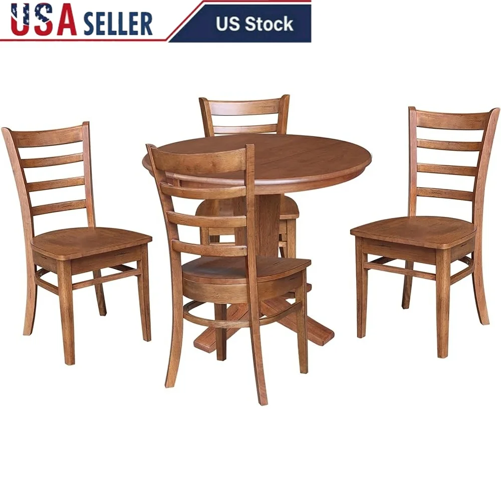 

36 Inch Solid Wood Round Extension Dining Table with 4 Chairs Distressed Oak Pedestal Base Sturdy Construction Dining Room