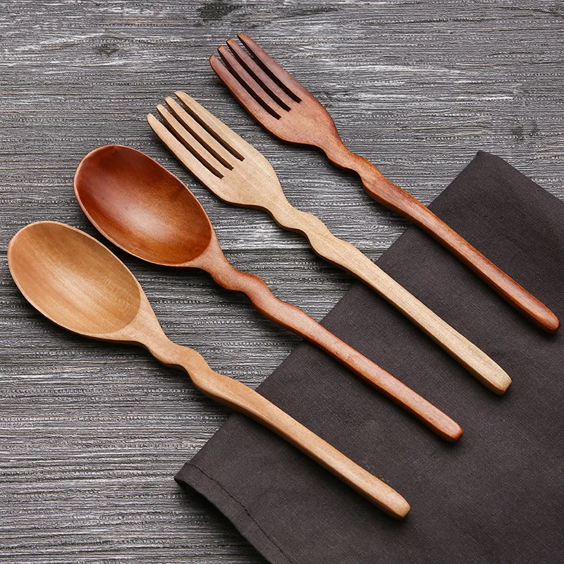 Shaped Solid Wood Fork Wooden Spoon Japanese Long Handle Fruit Fork Dessert Fork Cake Wooden Spoon Fork Cutlery Natural Logs