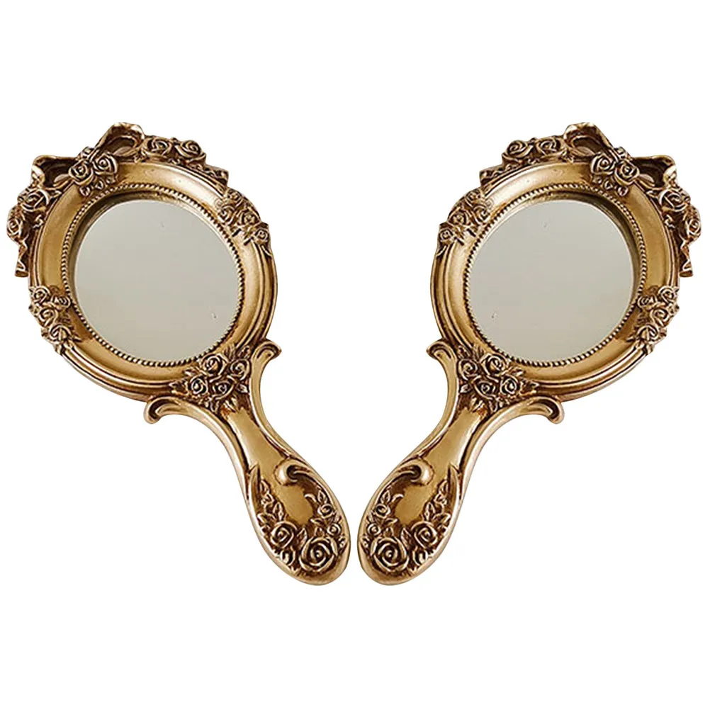 2Pcs European Vintage Hand Mirror Portable Travel Makeup Mirror High Definition Reflection for Women Vintage Makeup Compact