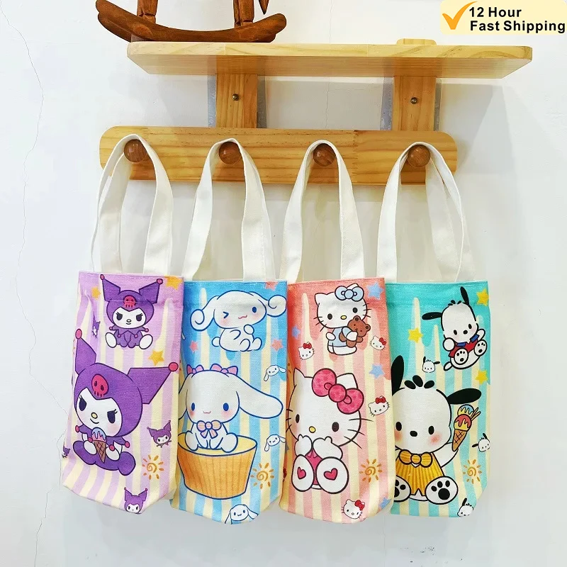 Kawaii Sanrio Cinnamoroll Water Bottle Bag Cute Anime Figure Kuromi Pochacco Canvas Mug Bags Insulated Cup Bag Girls Gift