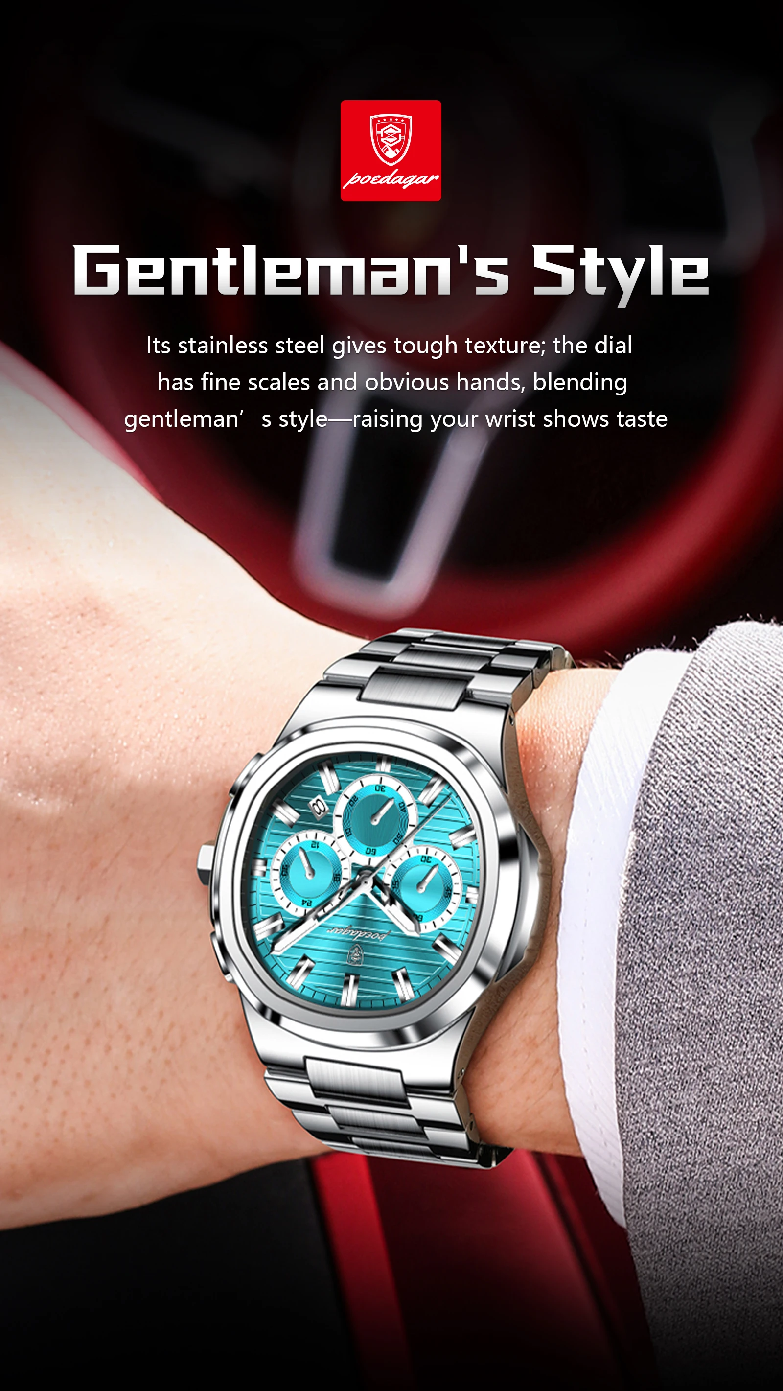 POEDAGAR Top Business Herrenuhr Leuchtend Wasserdicht Edelstahl Herren Armbanduhr Chronograph Datum Quarz Mode Herrenuhren – Detail 15