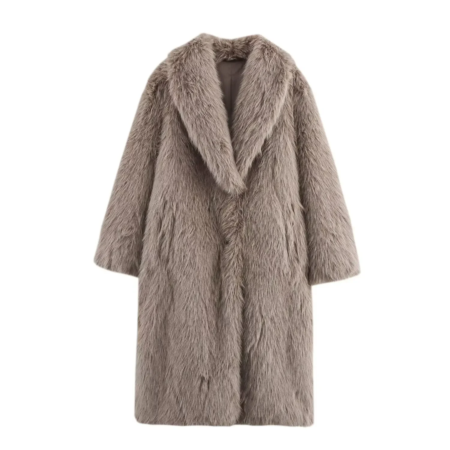 

Fashion Women Winter Imitaion Fur Jacket Grey Big Lapel Collar Snap Button Lady Mink Fur Coat Long Thick Female Eco Fur Coat