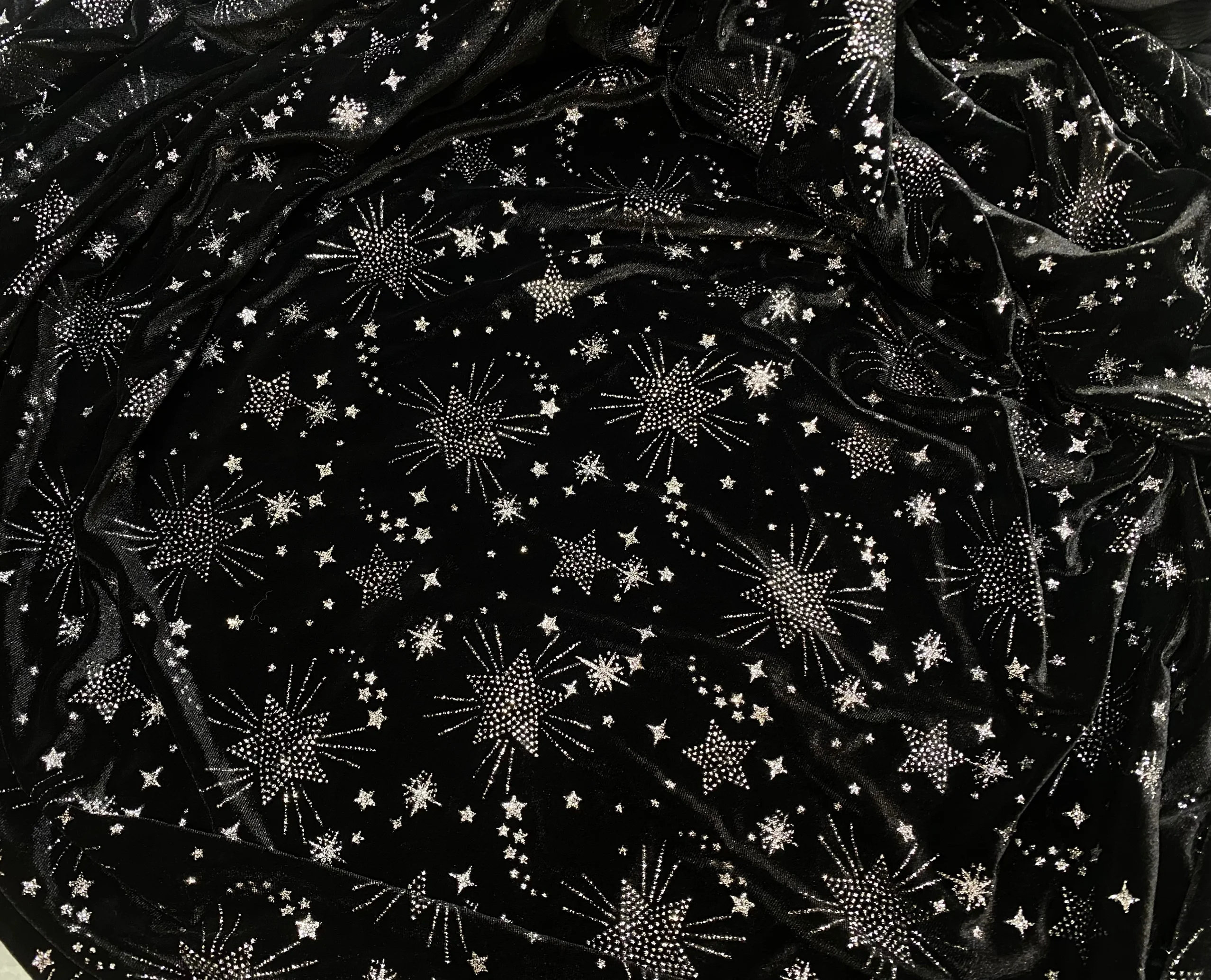 

Autumn and Winter Pentagram Black Elastic Velvet Hot Stamped Fabric Sewing Dress Cheongsam Fine Sparkling Fabric