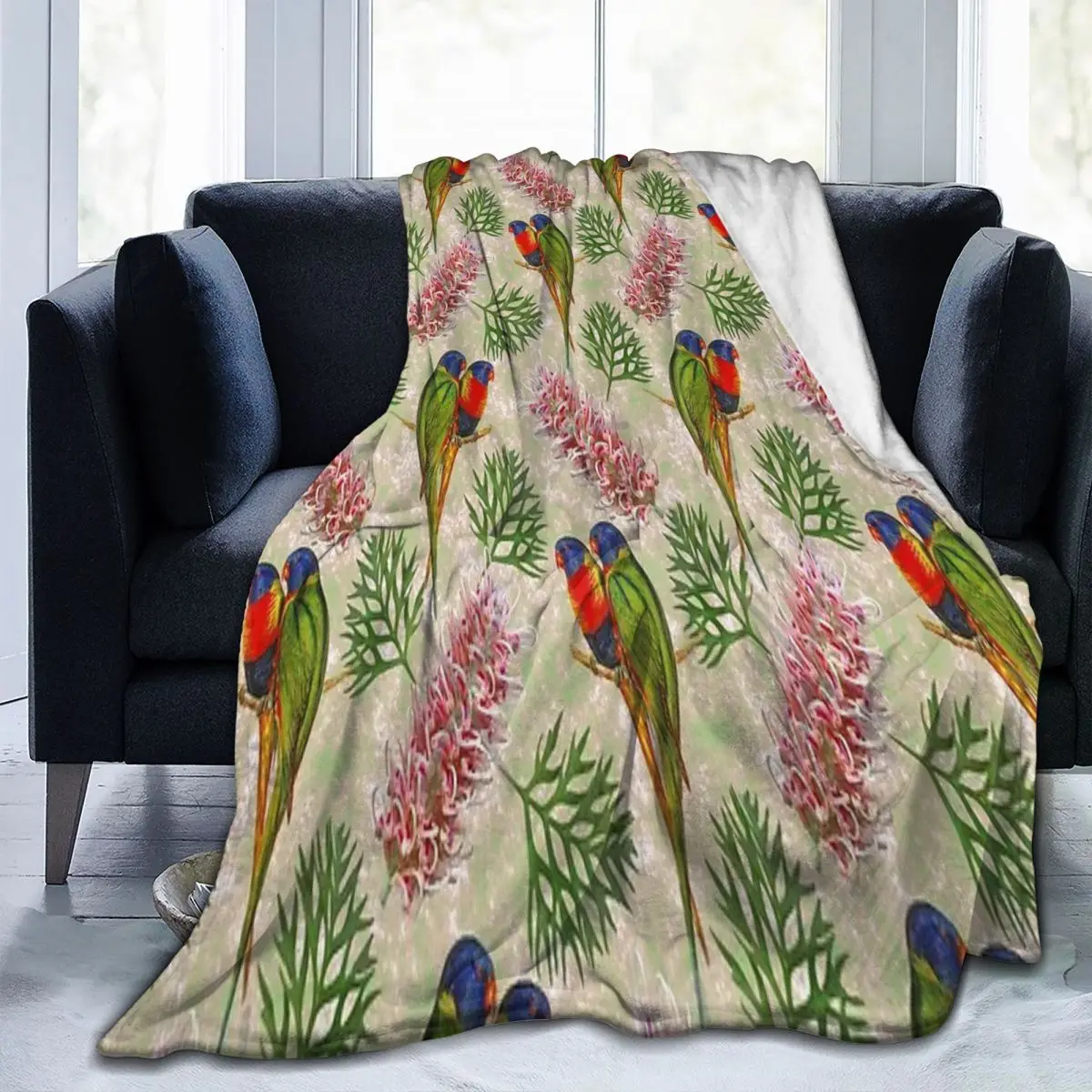 Throw Blanket Grevillea With Rainbow Lorikeet Bird Micro Fleece Blanket Four Sizes Trendy Warm For Camping Nice Gift