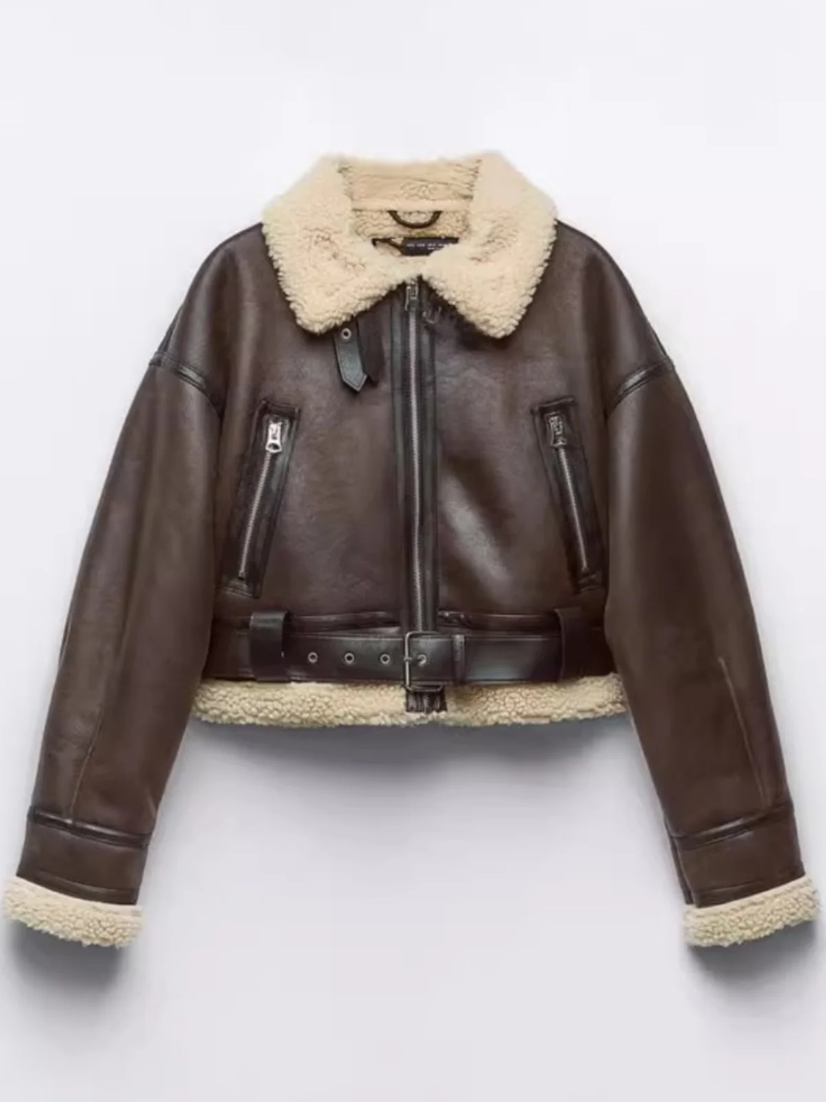 Double-Sided Lamb Fur Biker Sle ort Jaet Women's Inteated Leather And Fur Autumn Winter New Arrival Commute Sle Loo...