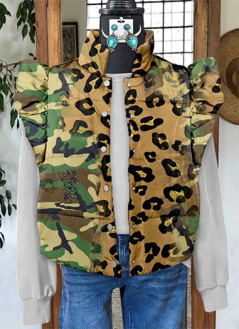 Camouflage leopard print 3D printed pattern winter women's sleeveless jacket women's jacket comfortable and warm vest elegant wo