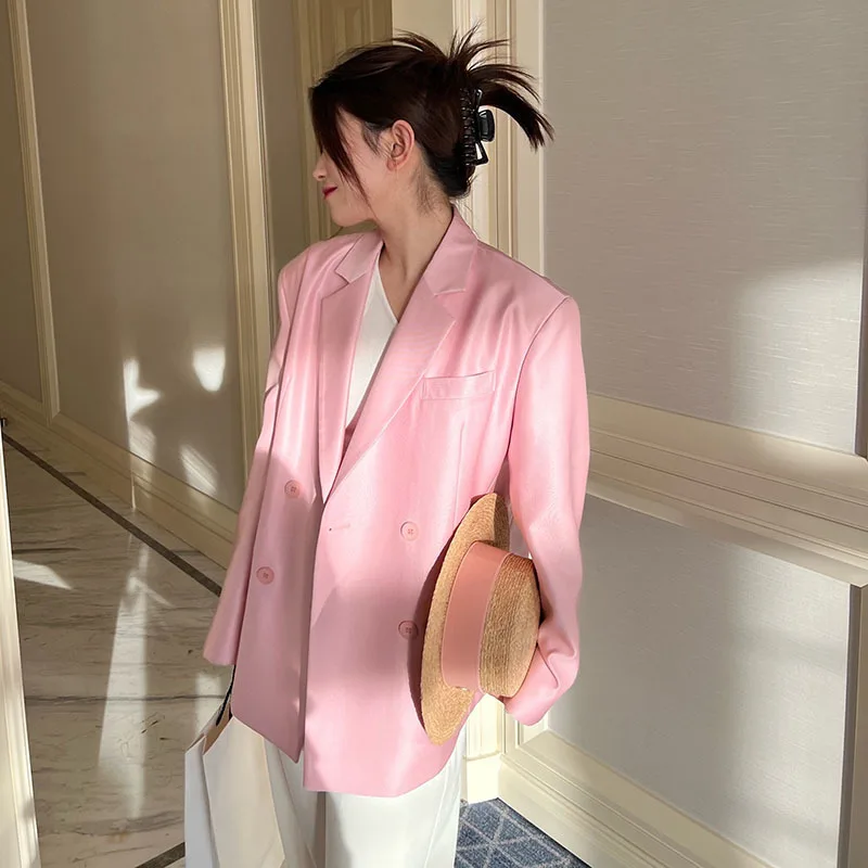 Imagem -04 - Vintage Casual Textura de Seda Rosa Terno Cabolsa Primavera Feminino Solto Duplo Breasted Entalhado Colarinho Manga Longa Feminino Blazers Outwear