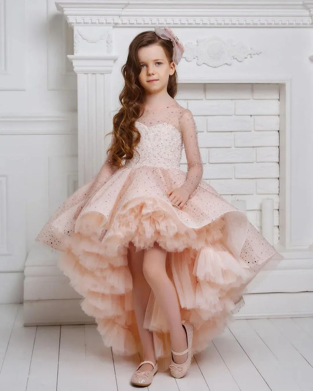 

Sparkly Beaded High Low Girls Pageant Dresses Sequined Flower Girl Dress Tulle Long Sleeve Pageant Party Gown Customized