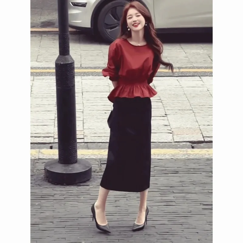 

Women's Peplum Top Midi Skirt Two Piece Set Elegant Office Casual Outfit
