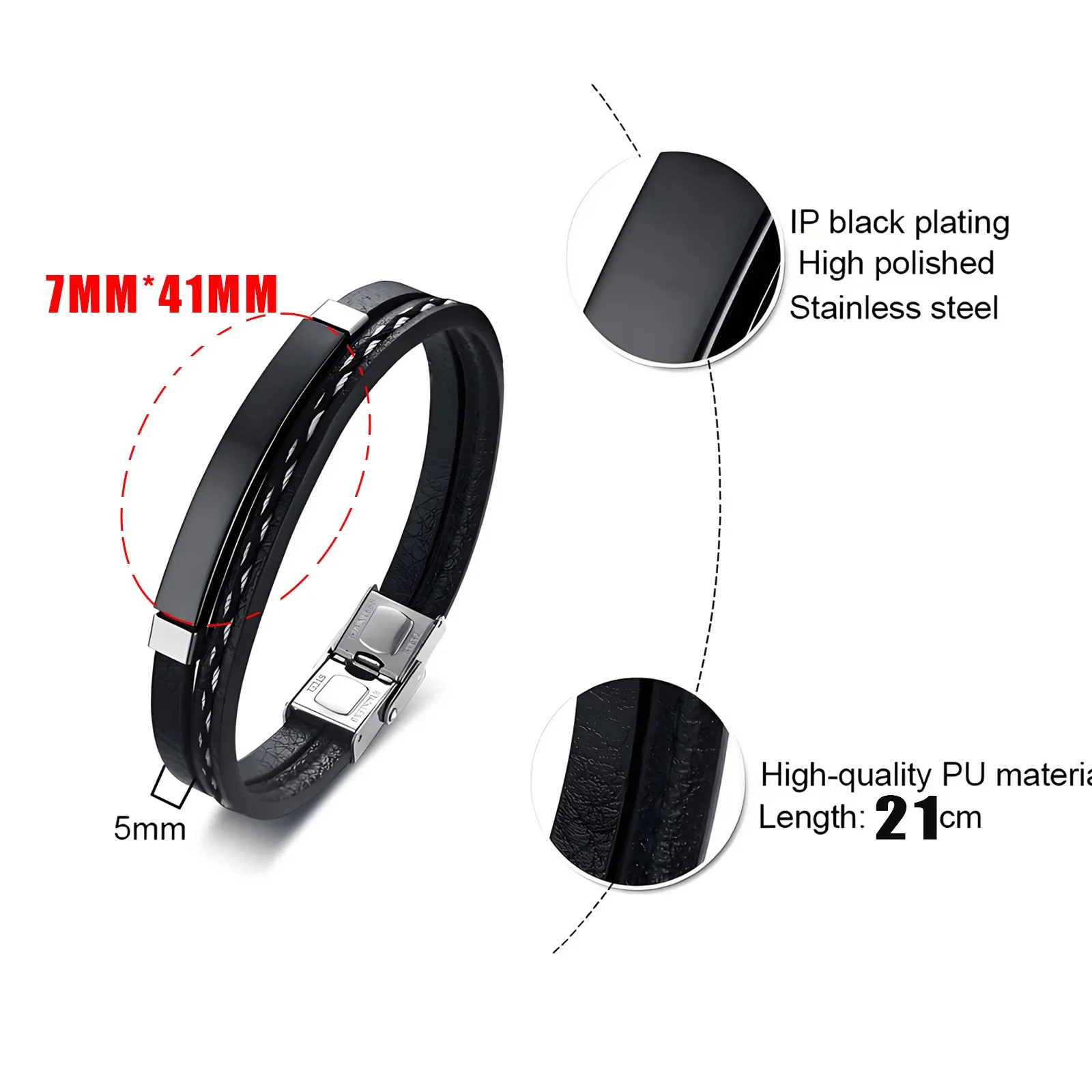 Dubbellaagse gecoördineerde PU lederen armband met gebogen plaat van roestvrij staal, gegraveerd, modieus juweel, Vaderdag cadeau