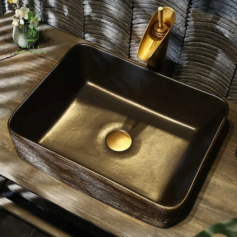Retro Square Ceramic Above Counter Sink, Chinese Style Antique Art Wash Basin For Inn & Household Bathroom