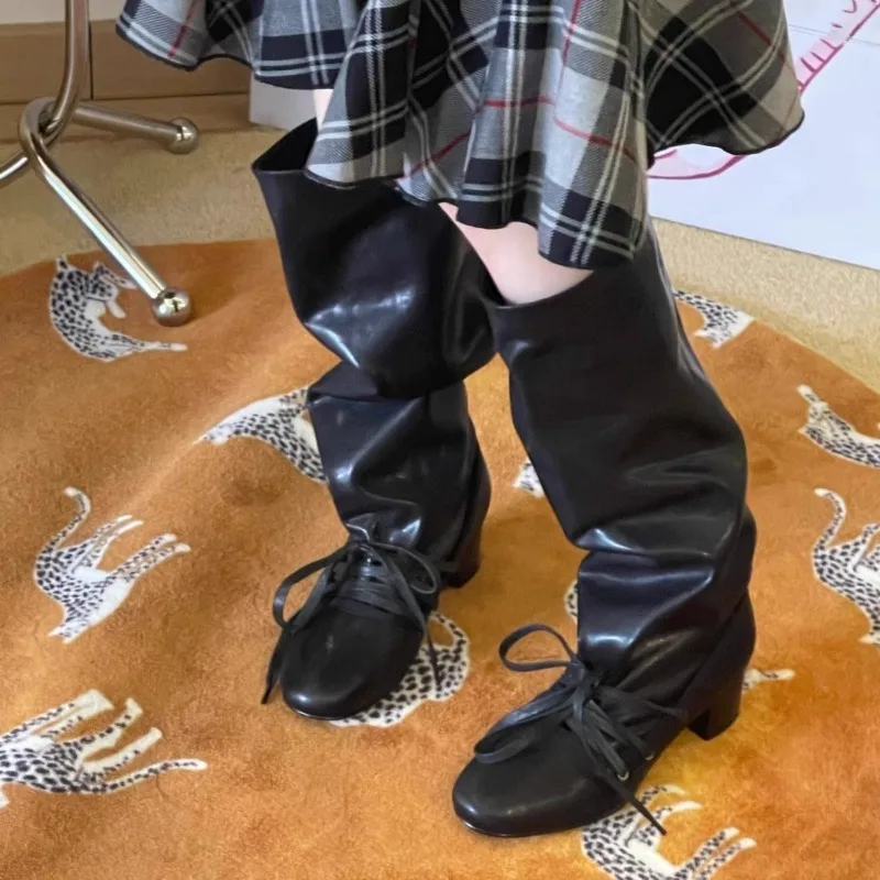 

New Retro Womens Shoes Fashion Genuine Leather Slouchy Boots for Woman Exquisite Lace Knee High Boots Designer Shoes Botas Mujer