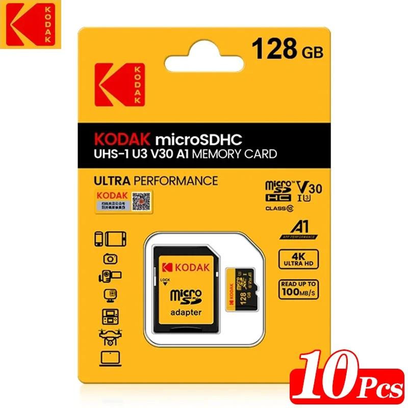 10Pcs Kodak Original TF Micro SD Card 128GB memory Card Microsd Class10 Flash Card High Speed With SD Adapter on Phone or Camera