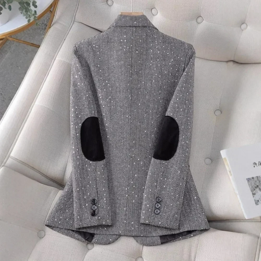 Women Sequin Houndstooth Blazer Korean Style Short Lapel Button Down Slim Fit Soft Breathable Flattering Daily Office Comfy New