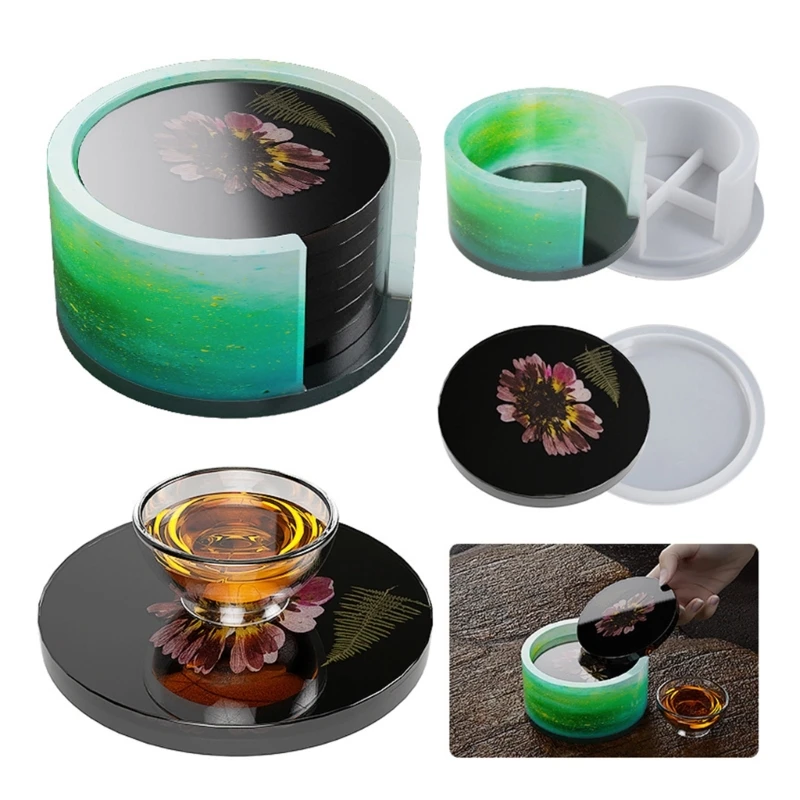 

1 Set Round Coaster Silicone Molds with Holder Storage Box Coffee Tea Tray Cup Mat Pad Epoxy Resin Mould Home Office Table Decor