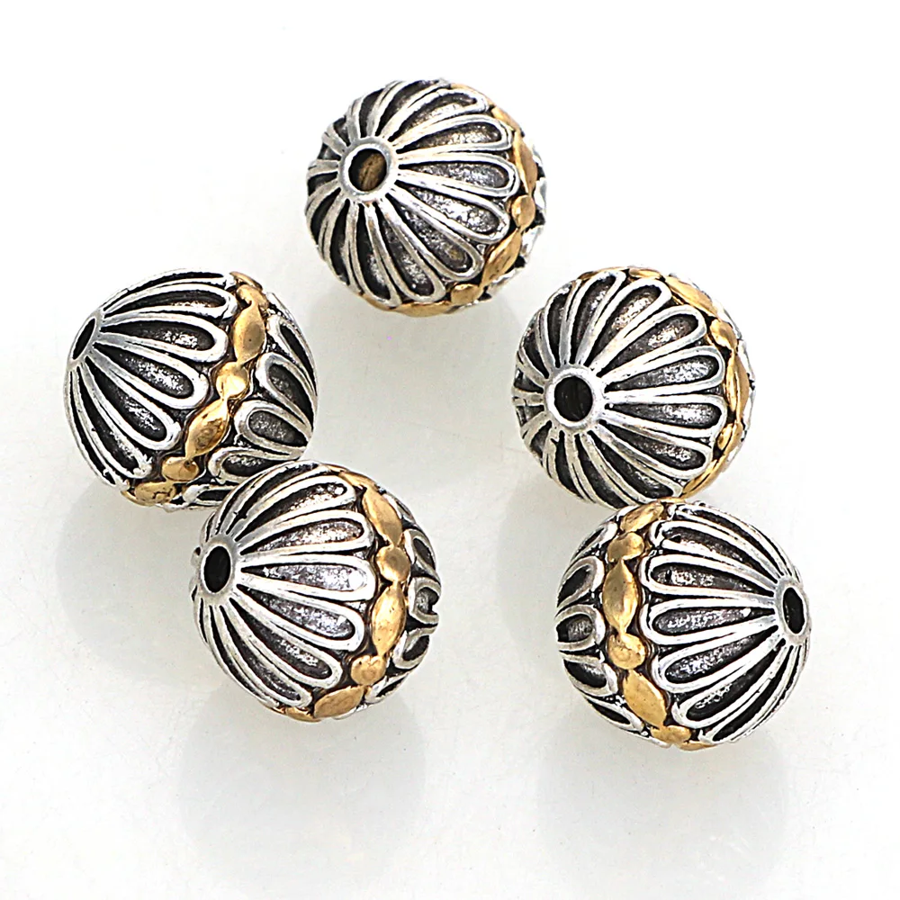 Miasol 5Pcs 12MM Antique Golden Silver Plated Color Cast Metal Striped Round Spacers Beads For Diy Jewelry Making Accessories