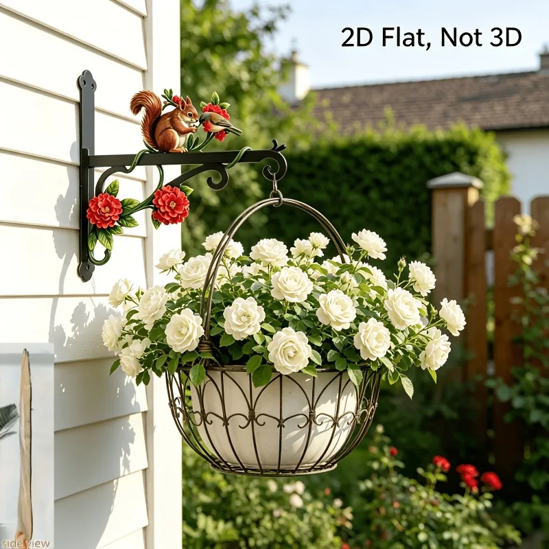 2D Double-Sided Flat Squirrel and Bird Metal Plant Hanger, Rustic Style Floral Wall Hook,with Screws, for Hanging
