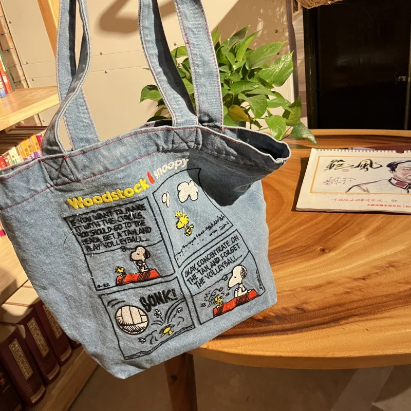 New Cartoon Snoopy Japanese Cute Embroidered Shoulder Bag Retro Versatile Denim Bag Large Capacity Tote Bag Portable Travel Bag