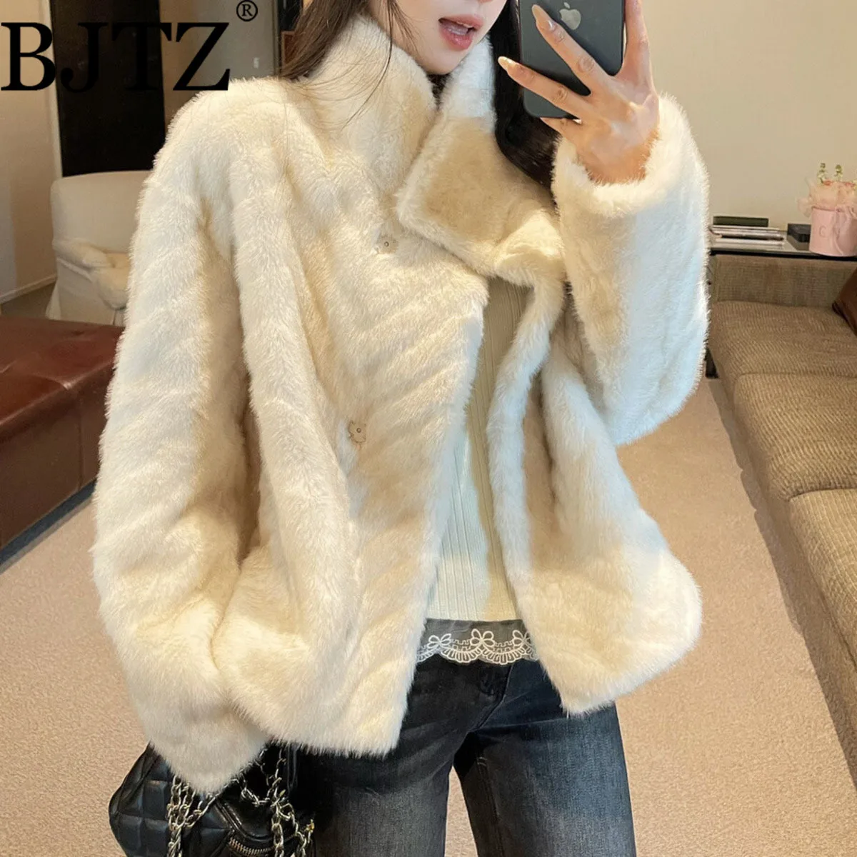

BJTZ 2025 Trendy Women Faux Fur Jacket Short Stand Collar Hidden Buttons Elegant Office Winter Coat Warm Chic Luxury Design