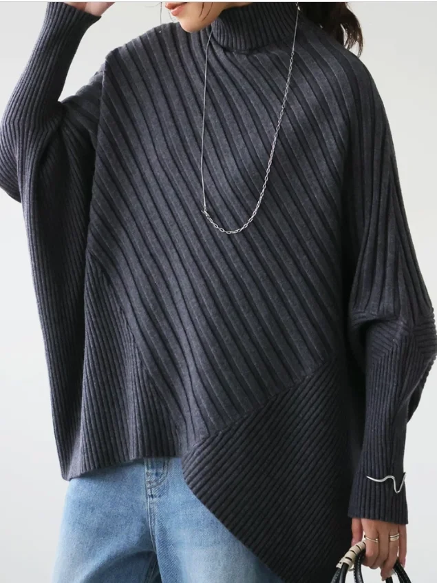 เสื้อไหมพรมคอสูงทรงปีกค้างคาวแบบอสมมาตรสำหรับผู้หญิง สวมใส่สบาย ทรงหลวมทันสมัย ผลิตจากโพลีเอสเตอร์ แขนยาว ให้ความอบอุ่น