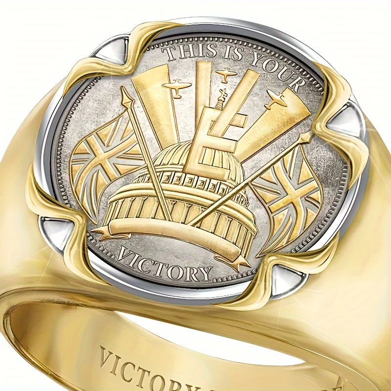 2024 New Luxury Men‘s 18K Gold Plated Flag of England Rings Two Tone Carved Seal Victory Anniversary Ring Jewelry Gift