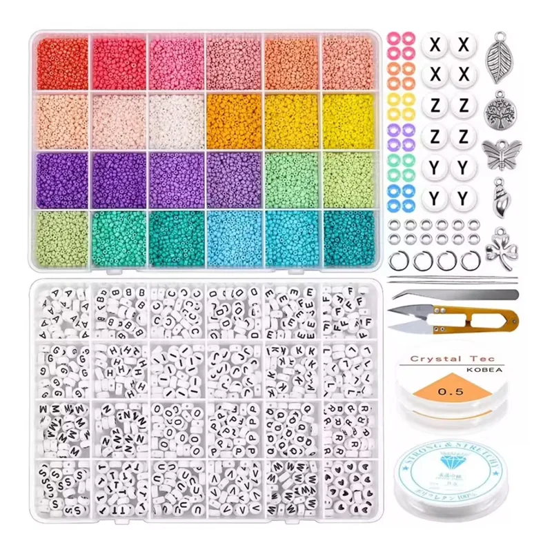 

24 Grid Alphabet Beads and Color Glass Rice Beads Kits Jewelry DIY Art Crafts Making Bracelet Necklace Earrings String Beads Set