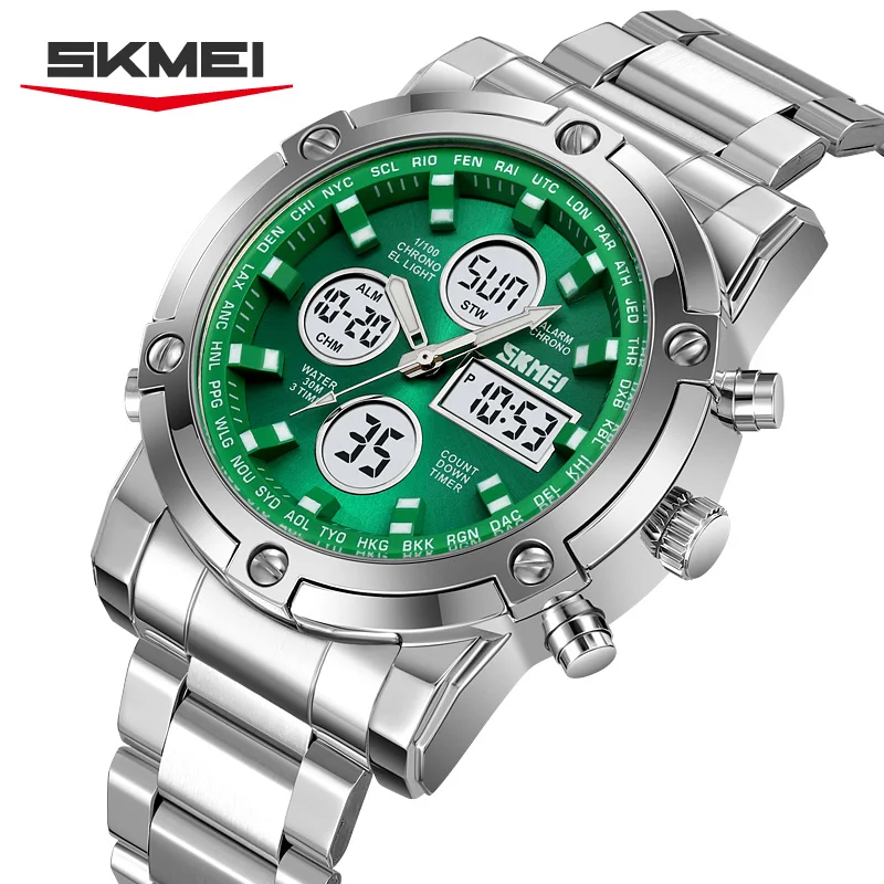 

SKMEI 3-часовой будильник с двойным дисплеем и циферблатом, цифровые часы со светодиодной подсветкой, кварцевые часы для мужчин и женщин, водонепроницаемые спортивные наручные часы Reloj Hombre