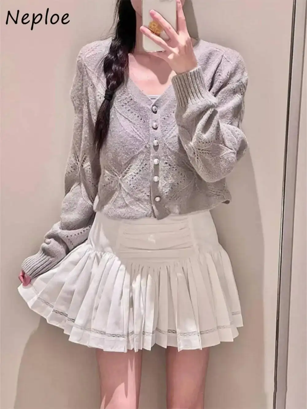 

Elegant V Neck All-Match Sweet Cardigan Hollow Out Knit Crochet Chic Minority Crop Top Japanese Moda Office Lady Jumper