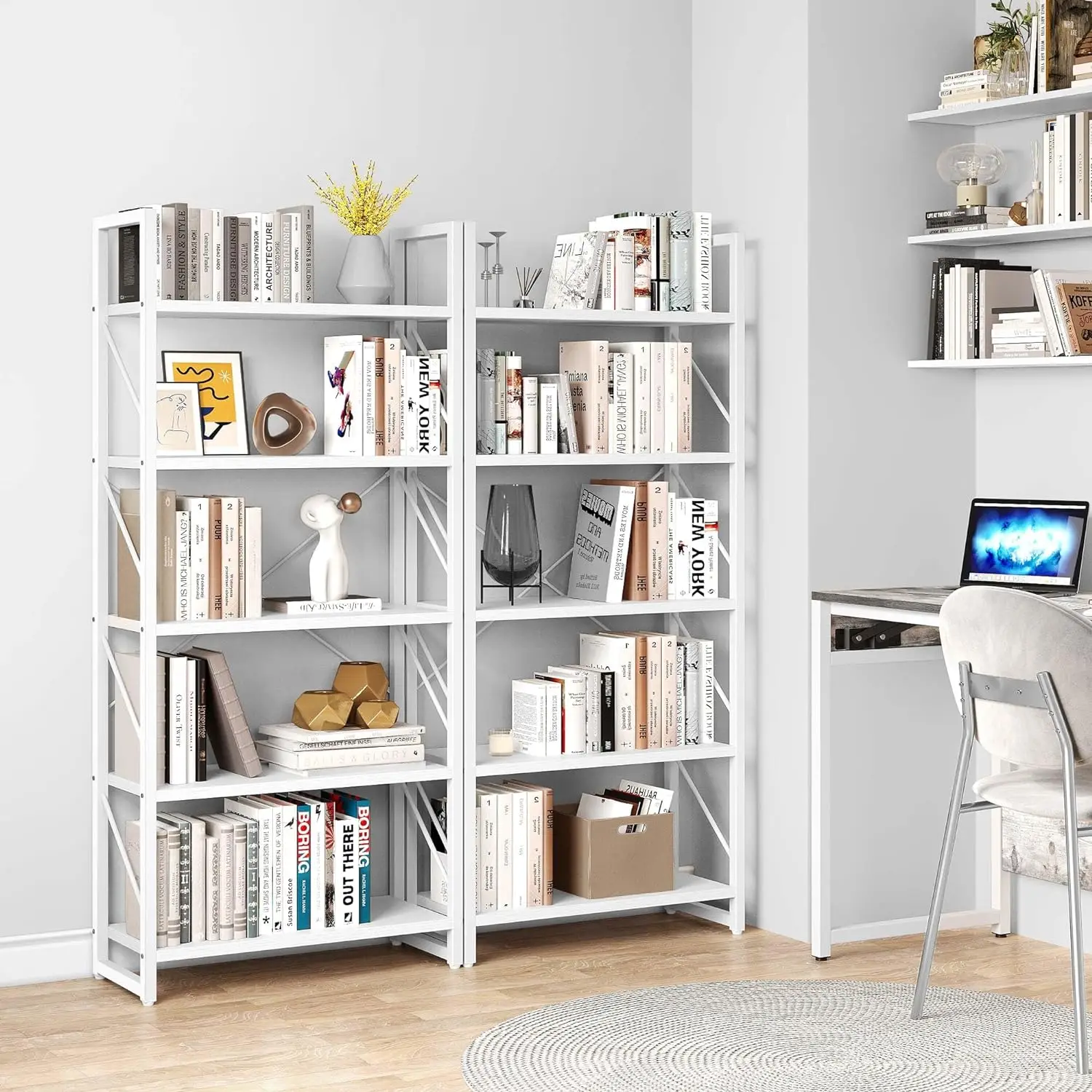 5 Tiers Bookshelf, Modern White Bookcase, Book Holder Organizer, Display Storage Rack Standing Shelves for Bedroom Living Room