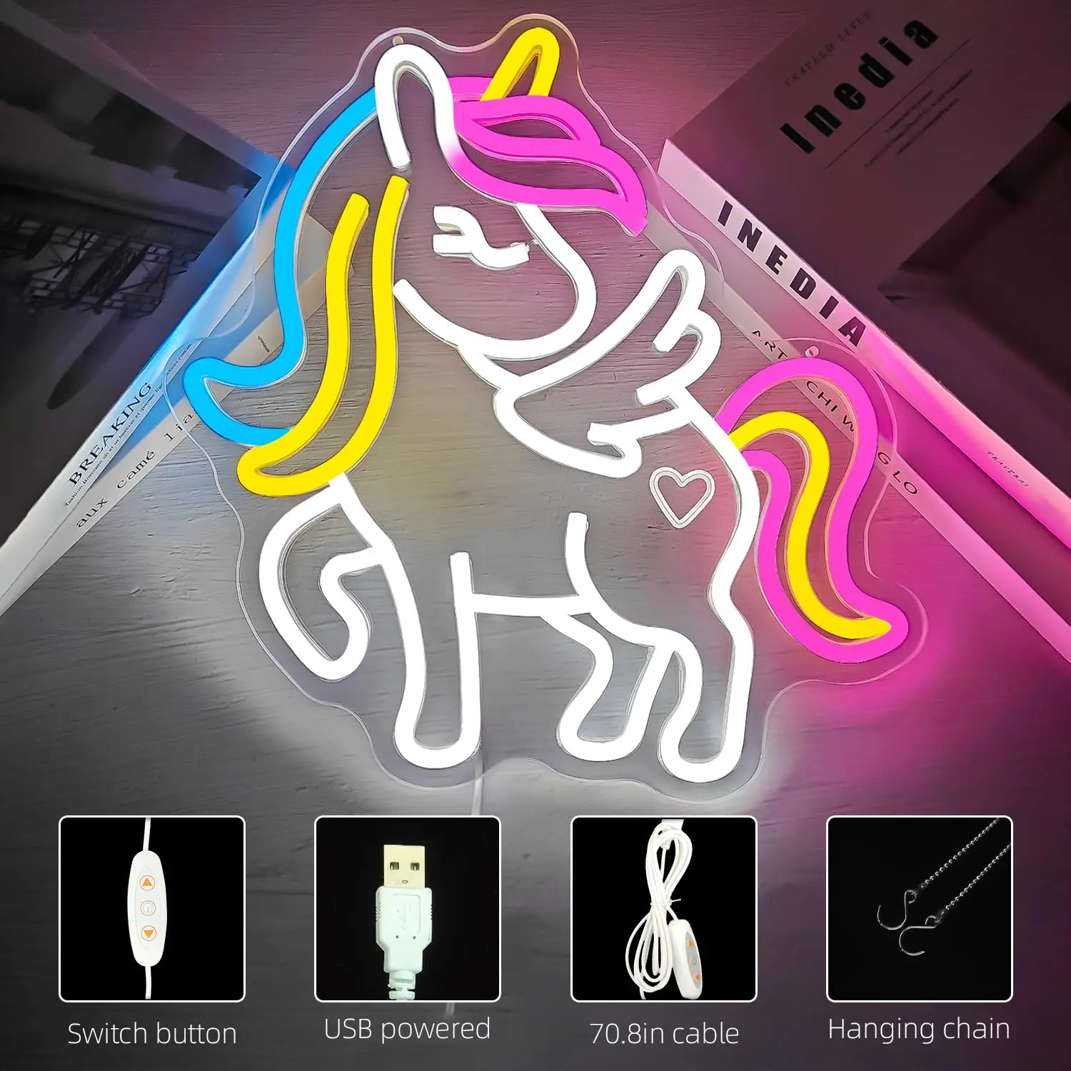 Unicórnio sinal de néon LED USB luz de parede para quarto de crianças e decoração de berçário