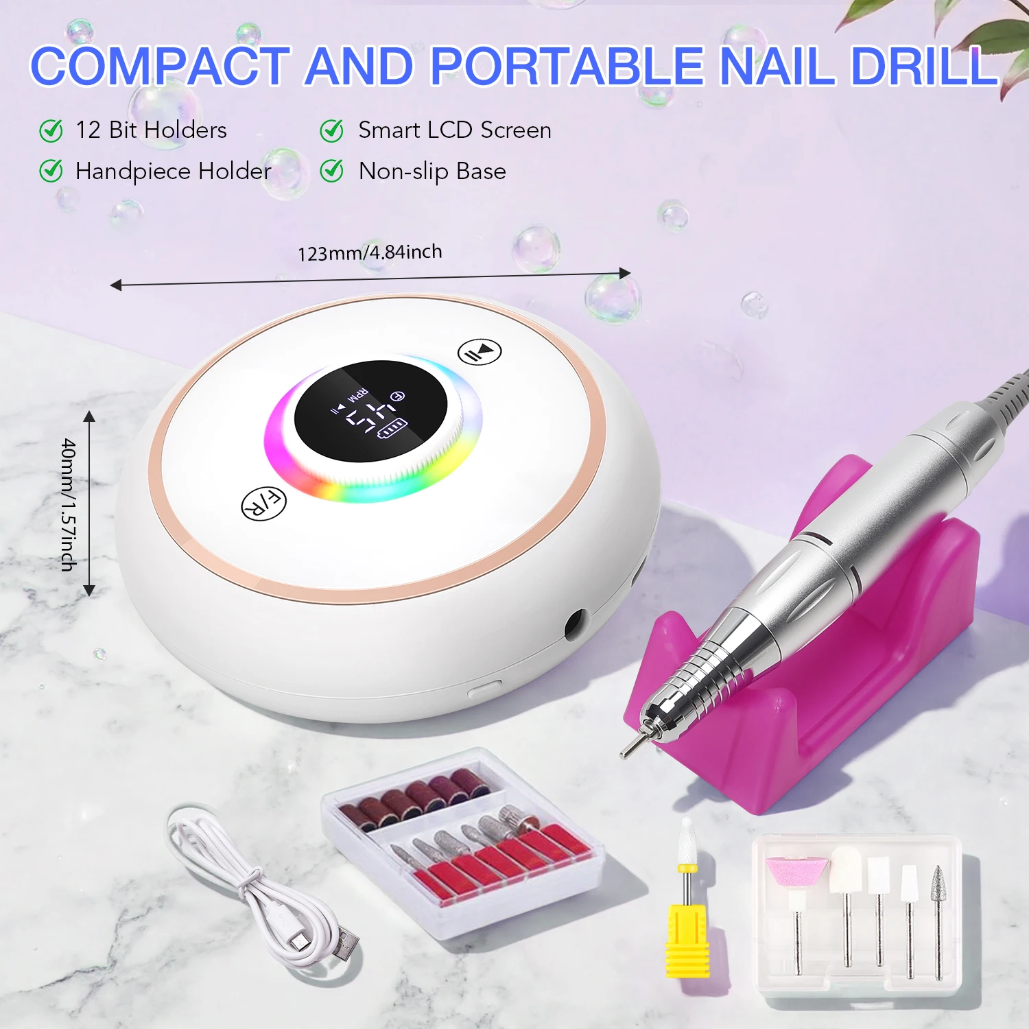 Ponceuse à ongles électrique professionnelle 45000 tr/min, perceuse à ongles Portable, ponceuse à ongles Rechargeable avec stylos de Base pour manucure Sal