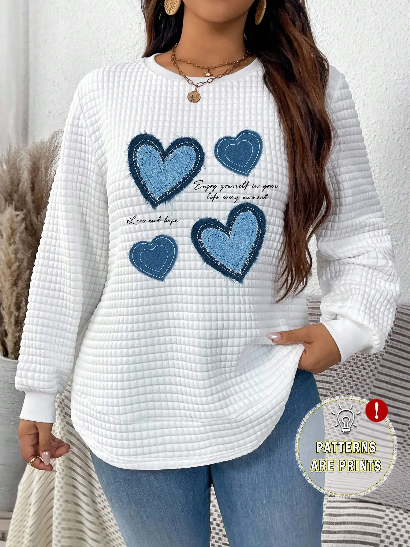

Women's Waffle Knit Sweatshirt with Blue Heart Print, Long Sleeve Crew Neck, Casual Fall Top