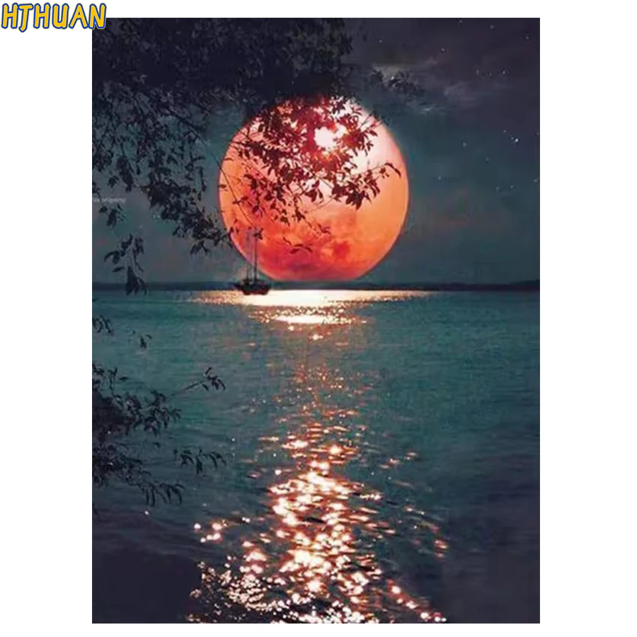 

3D Diy Красная луна, отражение, реки, природный пейзаж Алмазная картина Искусство Алмазная картина Вышивка крестиком Мозаика Подарок Домашний декор