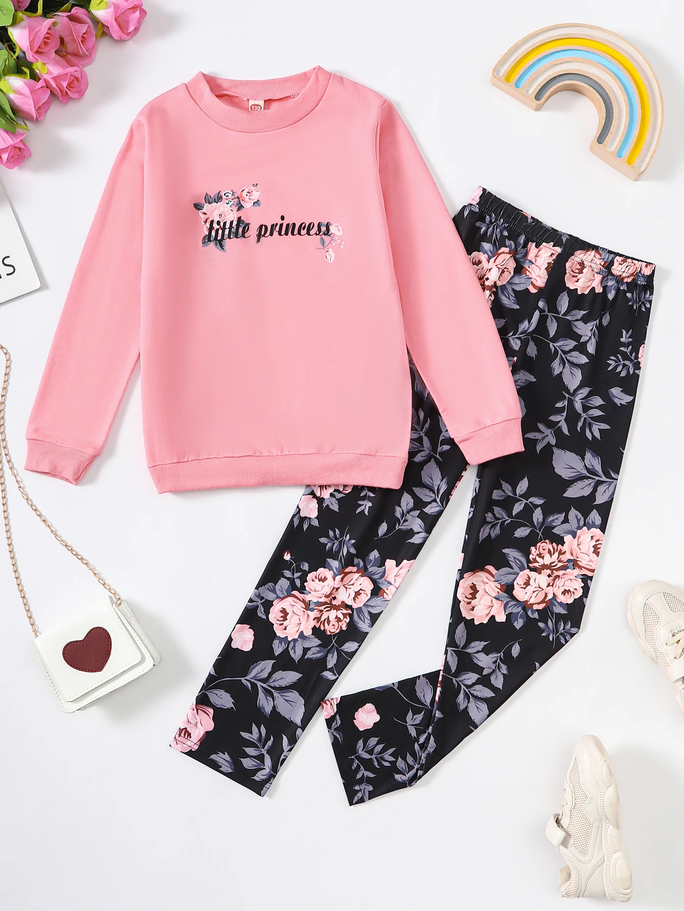 

Комплект из 2 предметов: детский костюм для девочек Little Princess с толстовкой с длинными рукавами и брюками розового и черного цвета с цветочным принтом