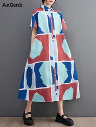 2025 Spring Summer New Vintage Print Shirt Dresses For Women Short Sleeve Loose Casual Midi Dress Robe Fashion Elegant Clothes
