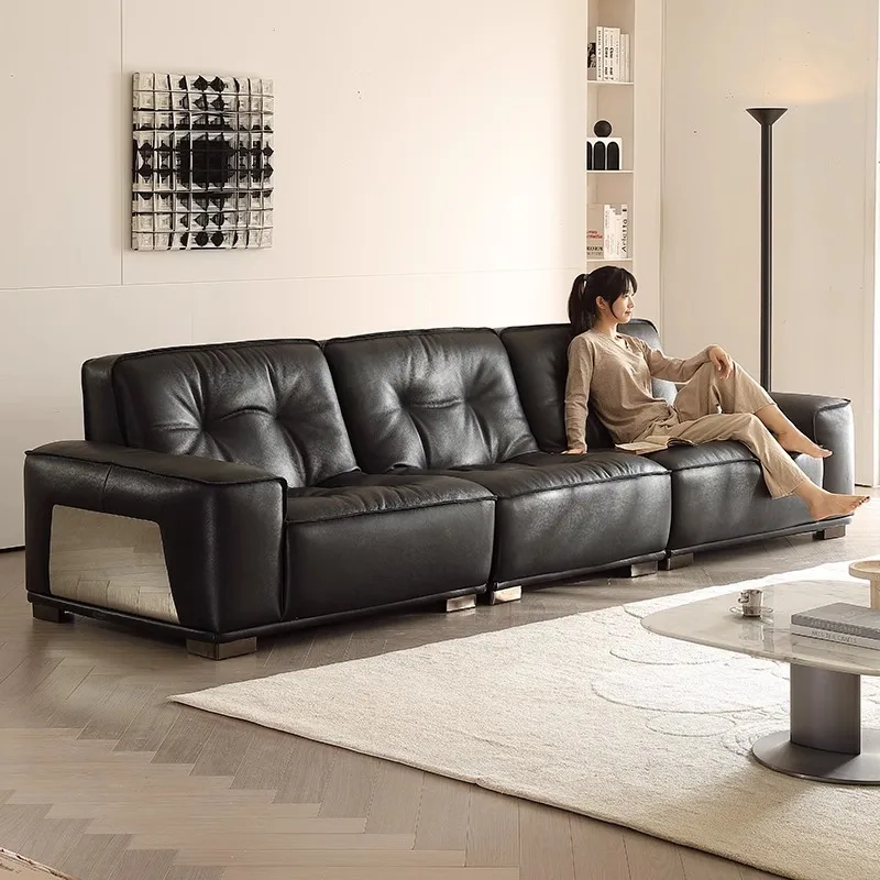 Sofa all green leather Italian minimalist living room small apartment straight row black antique first layer cowhide