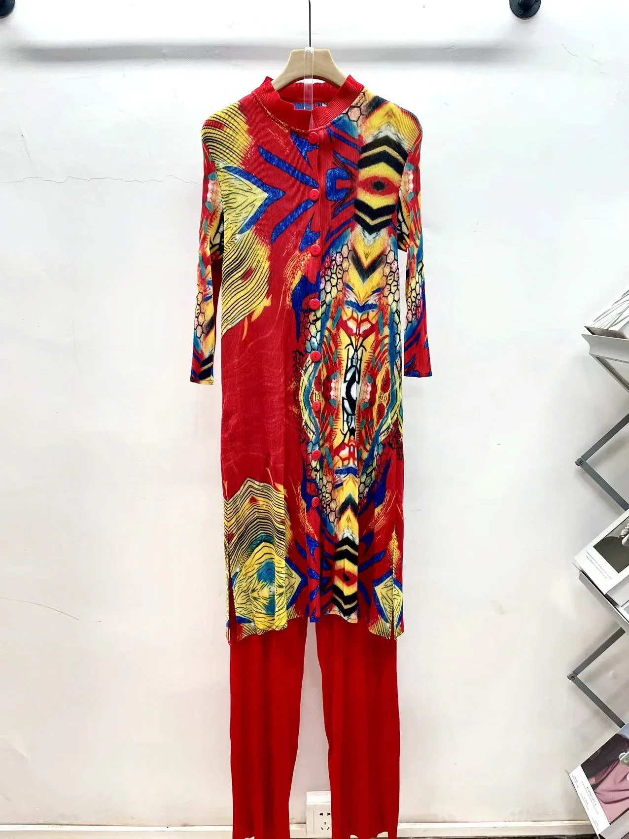 Miyake Pleated Printed Cardigan Stand-up Collar Long Top + High-waisted Versatile Straight-leg Pants 2-piece Set, Set