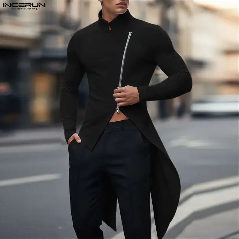 INCERUN Men Irregular Shirt Solid Stand Collar Long Sleeve Zipper Male Cardigan Streetwear 2026 Fashion Casual Tops Men Clothing - Image 4
