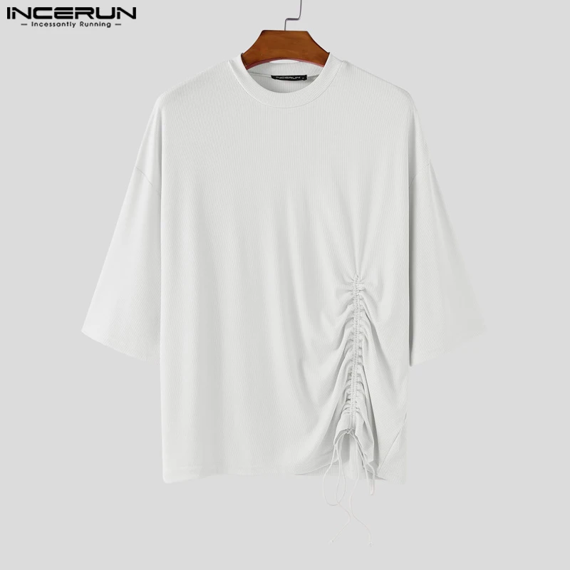 

Solid Color Men T-Shirts INCERUN Fashion Lace-up Summer Short Sleeve Tops Tee O Neck Streetwear T Shirt Oversize Men's Clothing