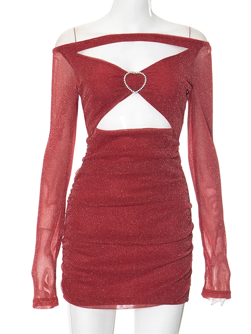 DGLUKE Red Sequin Sexy Mini Dress Off Shoulder Bodycon Long Sleeve Dress Woman Cut Out Glitter Night Club Party Dresses