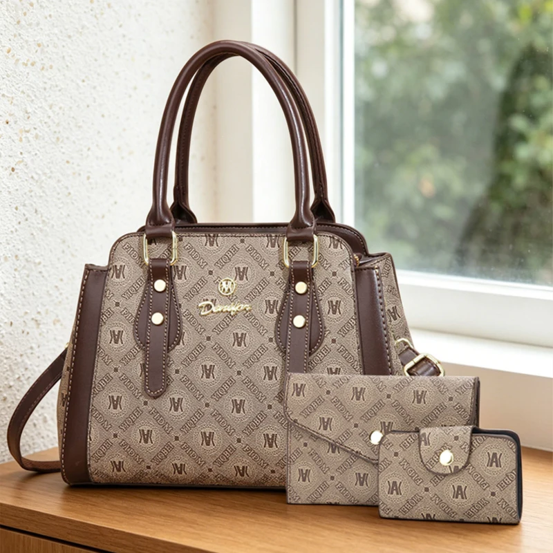 

3-piece set of women's handbags with prints and letter patterns, vintage-style women's bag set made of premium leather